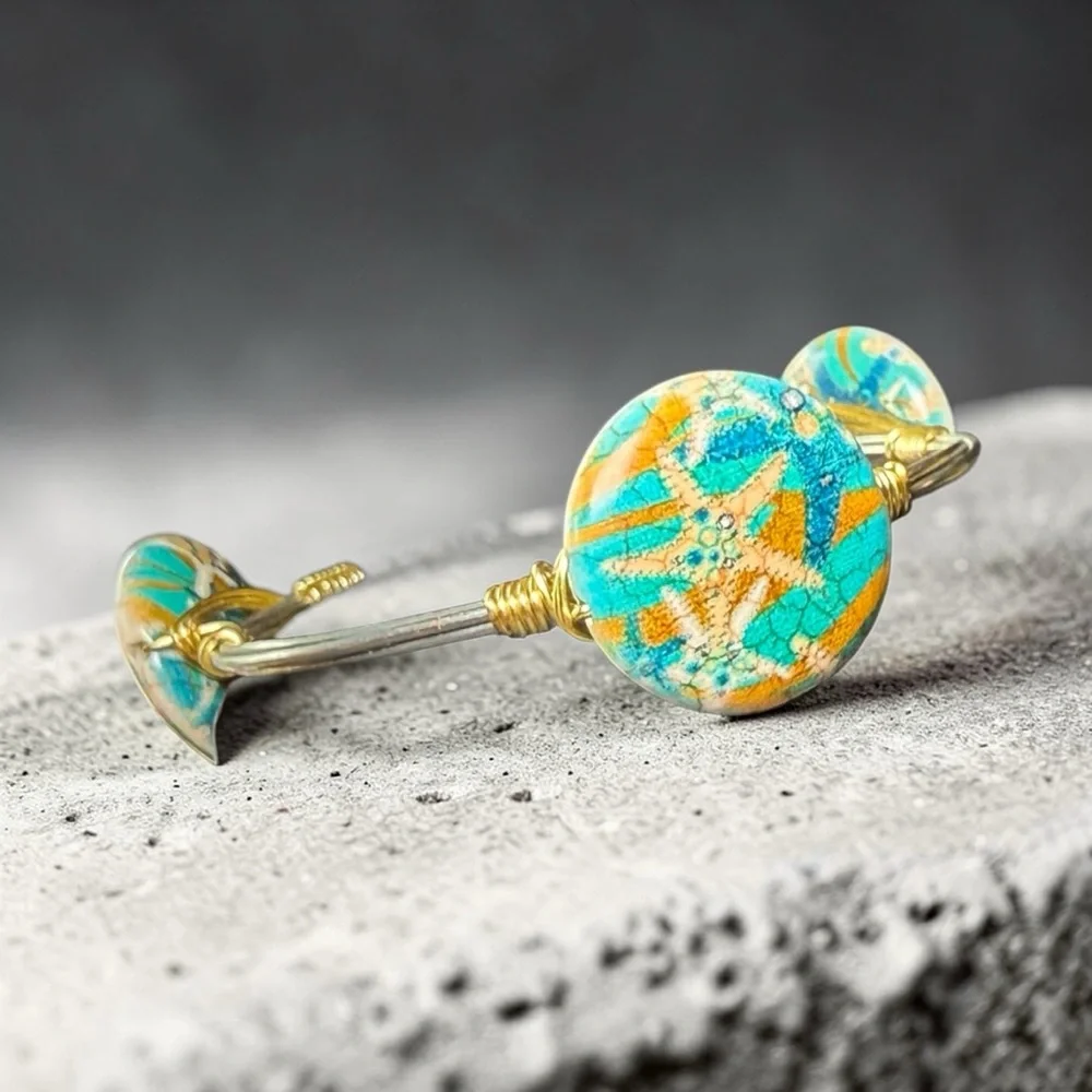 Turquoise‎ Starfish Mixed Metal Wire Wrapped Bangle Bracelet Beach Boho Coastal